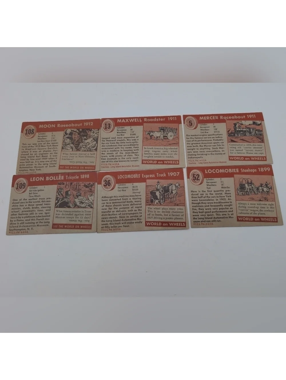 1954 Topps Card Set Of 6 Locomobile, Moon, Maxwell, Mercer, Leon Bollee